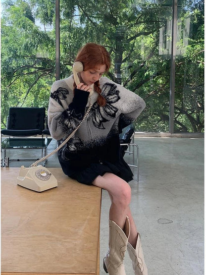 Black Grey Gradient Bow Knit Cardigan