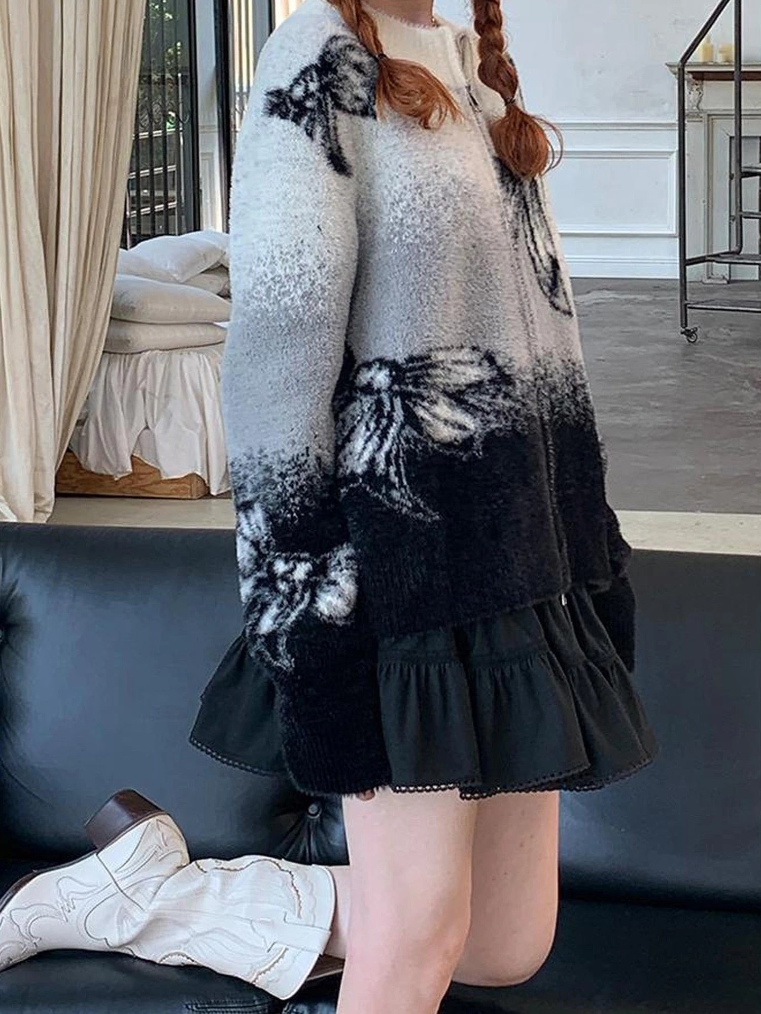 Black Grey Gradient Bow Knit Cardigan