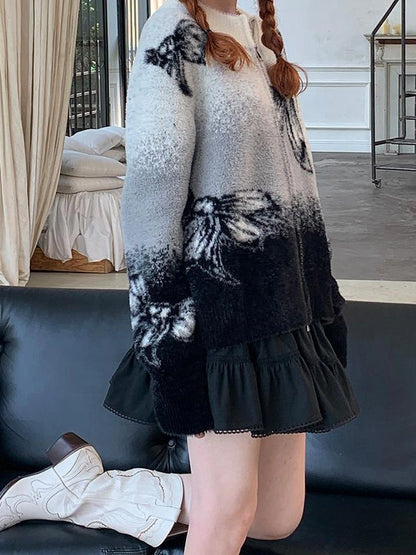 Black Grey Gradient Bow Knit Cardigan