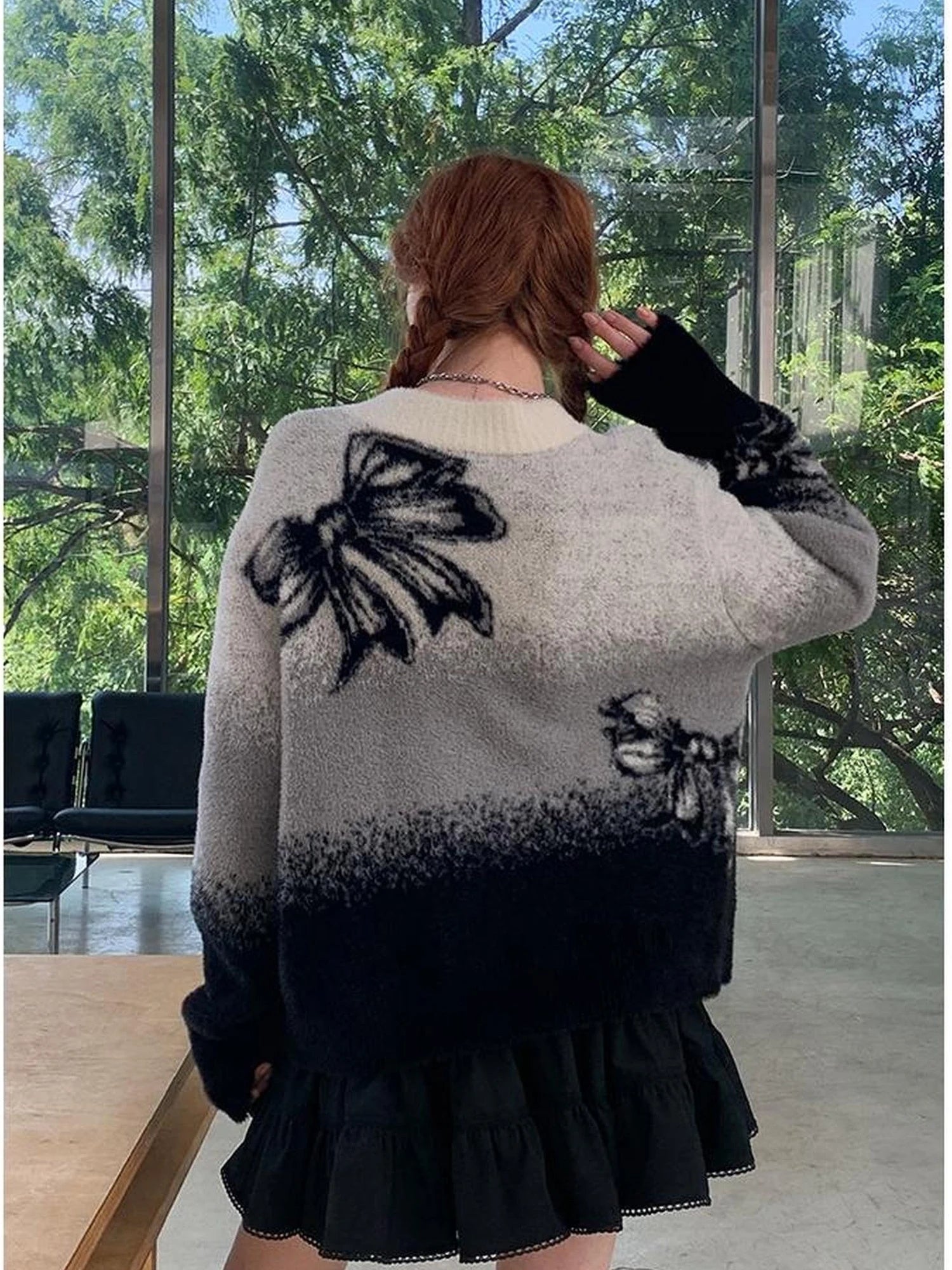 Black Grey Gradient Bow Knit Cardigan