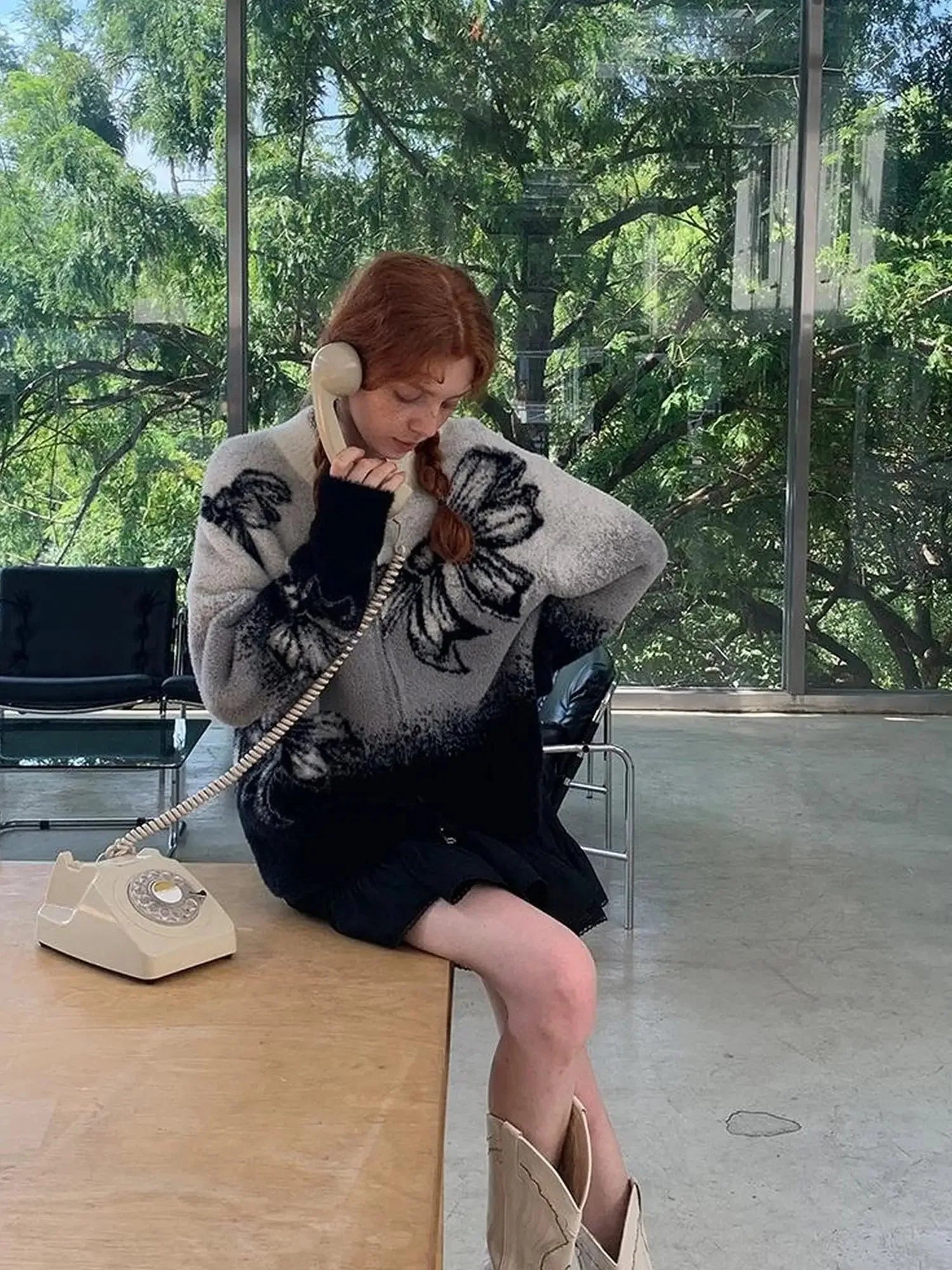 Black Grey Gradient Bow Knit Cardigan