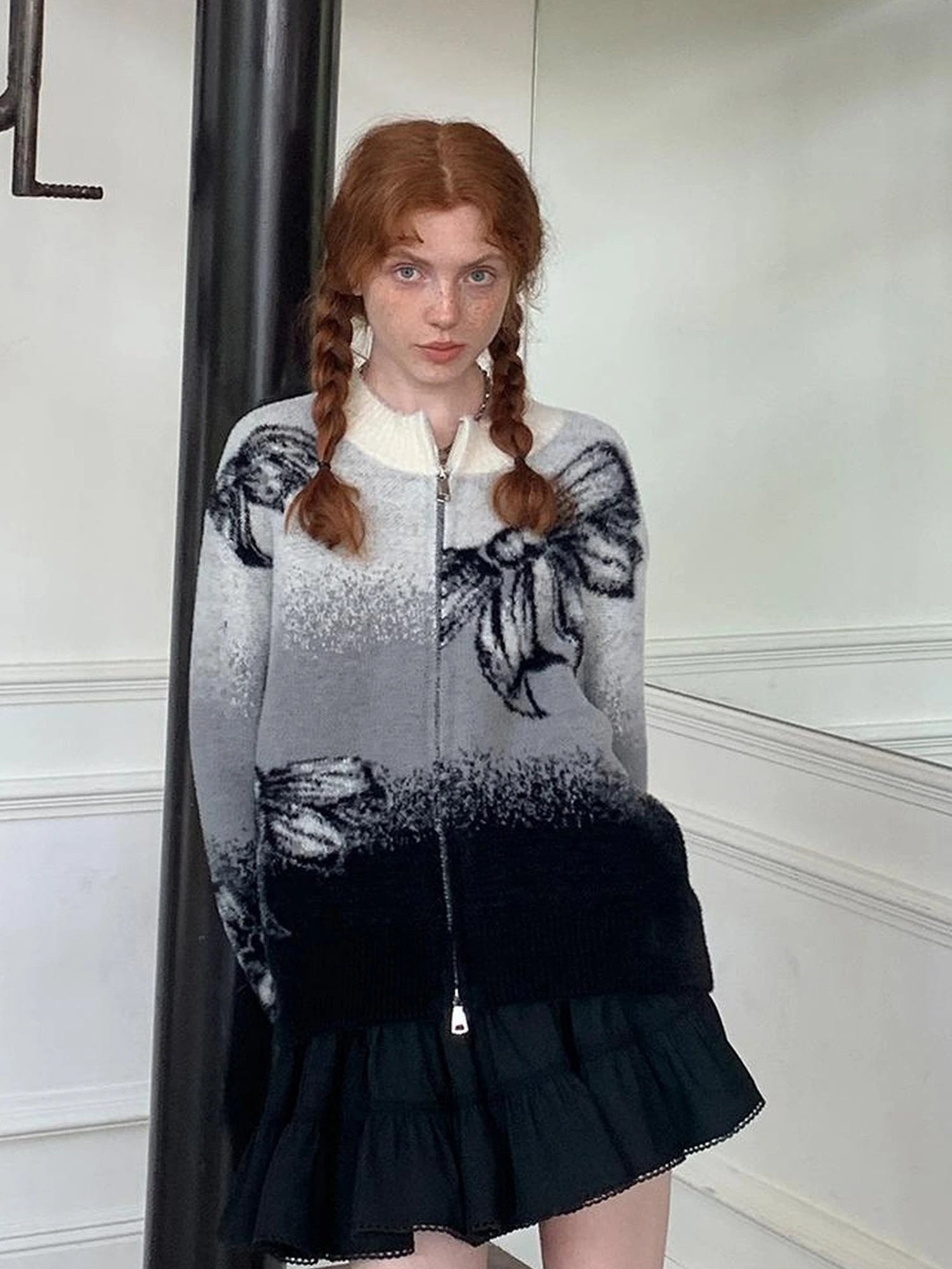 Black Grey Gradient Bow Knit Cardigan