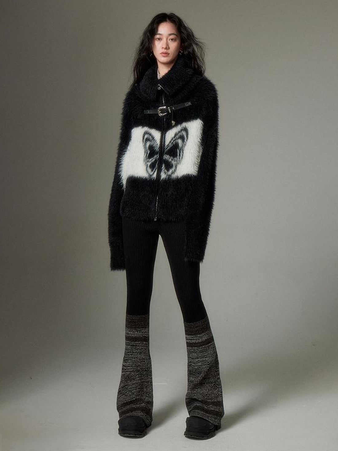 DIDDI MODA Black Grey Knit Flare Pants With Contrast Panels