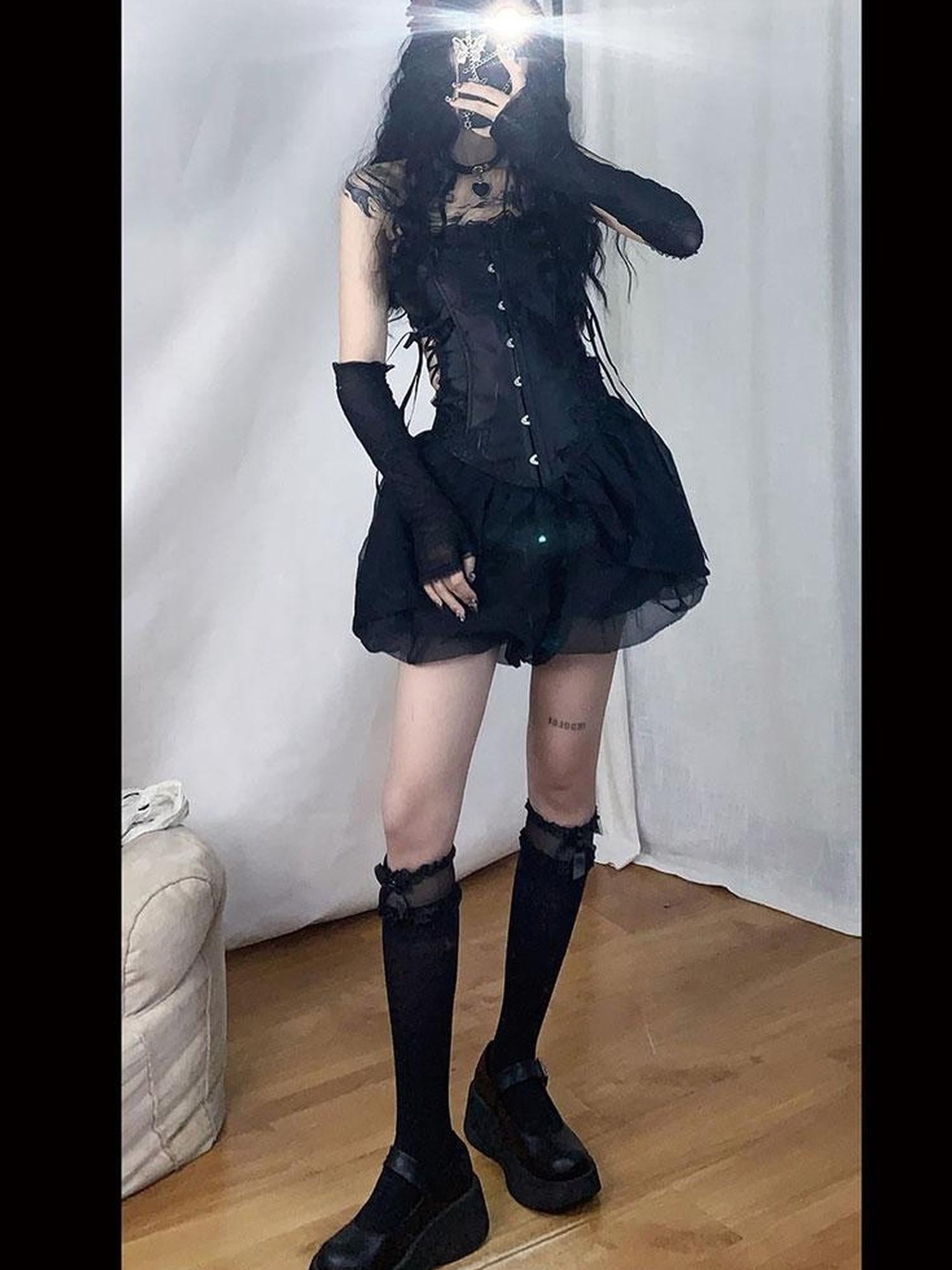WSW WUSHENWU Black Hollow Angel Drop Dress With Detachable Straps