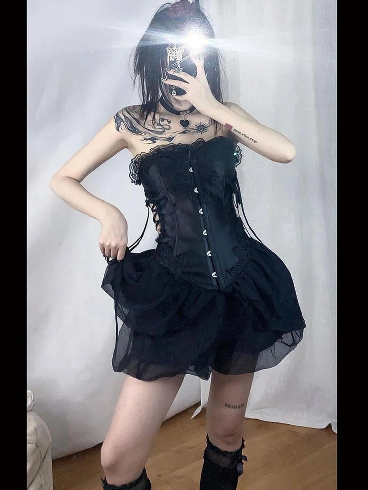 Black Hollow Angel Drop Dress With Detachable Straps