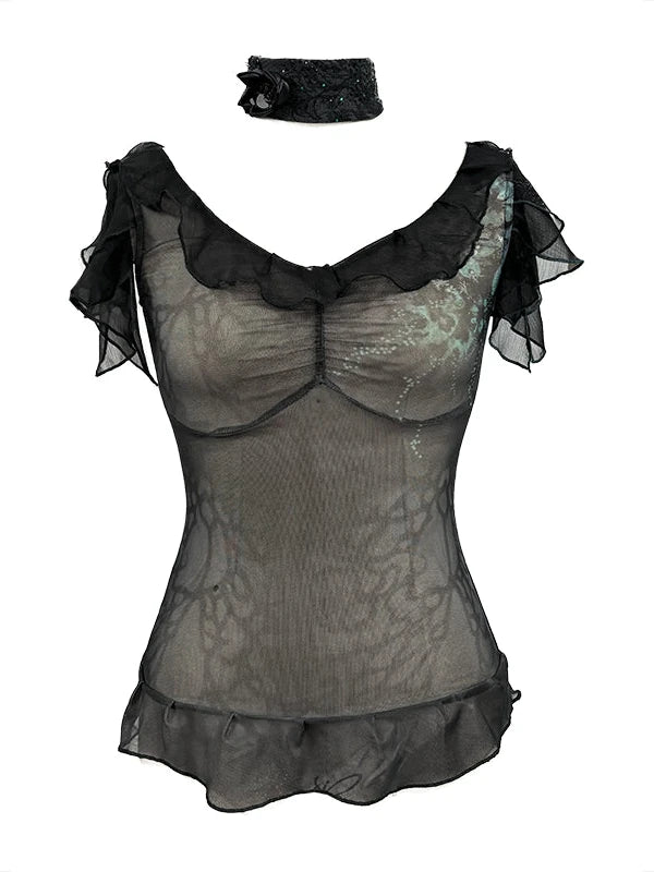 Sheer Mesh Knit Top With Floral Print Rhinestone Layered Collar