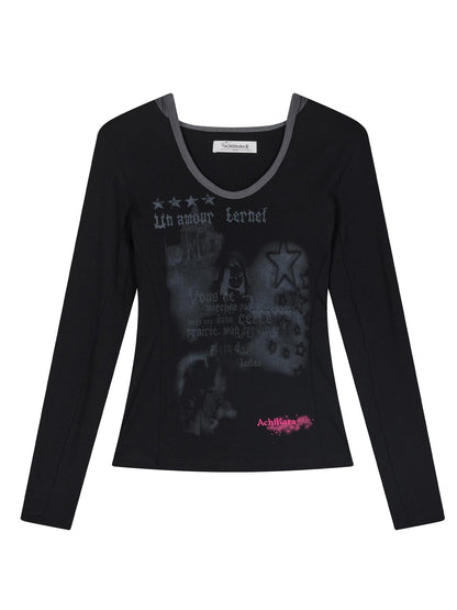 Achihara Starry Rain Hooded Tee V-Neck T-Shirt Long-Sleeve