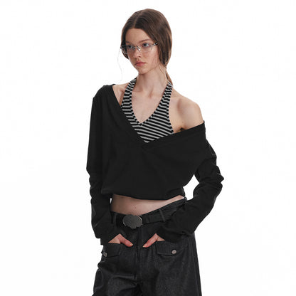 ALINNV STUDIO Halter Neck Knit Top with Layered V-Neck Design