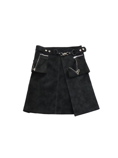 Asymmetrical Leather Panel Midi Skirt with Dual Tone Washable Pu