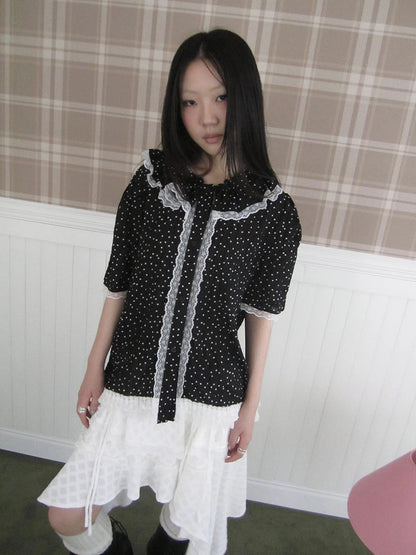 Summer Polka Dot Print Loose Lace Trim Button Short Sleeve Shirt