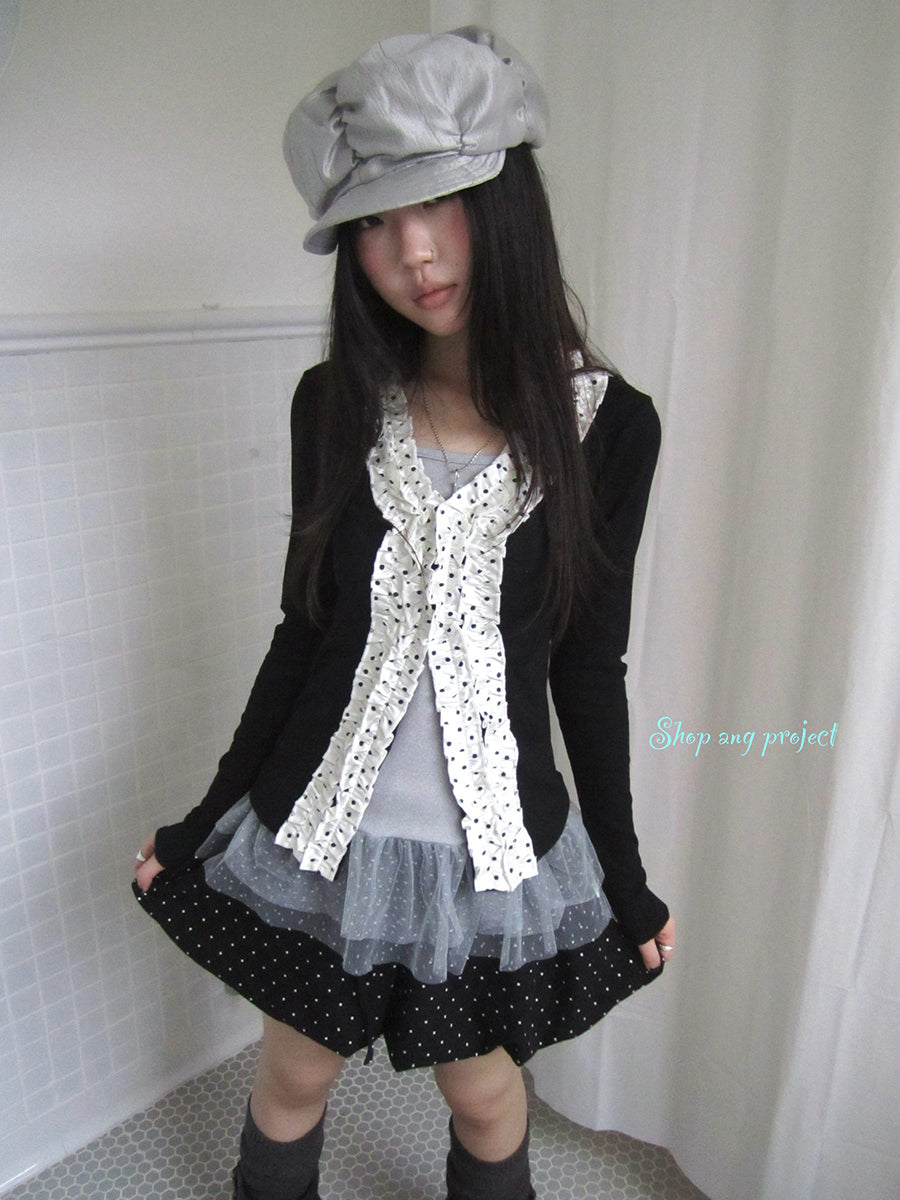 Updateang project Vintage Polka Dot Lace Trim V-Neck Long Sleeve Tee