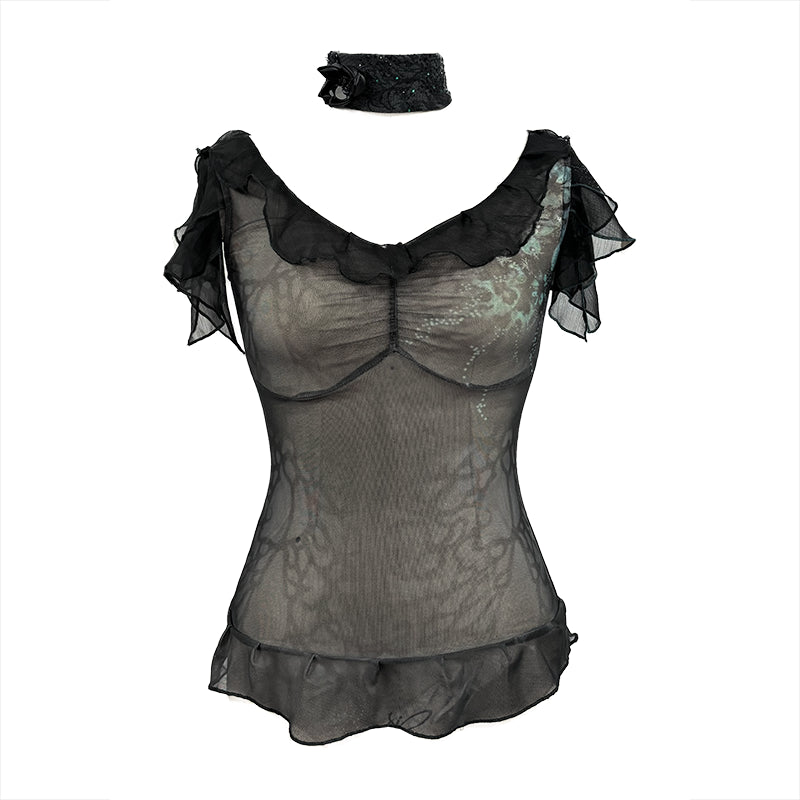 Update OPEN AESTHETIC Sheer Mesh Knit Top With Floral Print Rhinestone Layered Collar