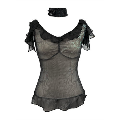 Update OPEN AESTHETIC Sheer Mesh Knit Top With Floral Print Rhinestone Layered Collar
