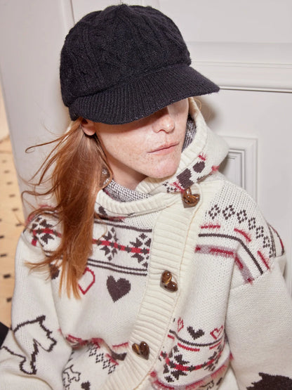 Vintage Cable Knit Beanie With Heart Design