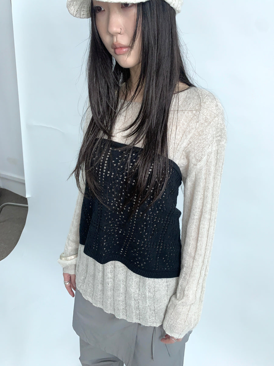 Updateang project Retro V-Neck Double Layer Knit Crossover Bodysuit With Lace Up