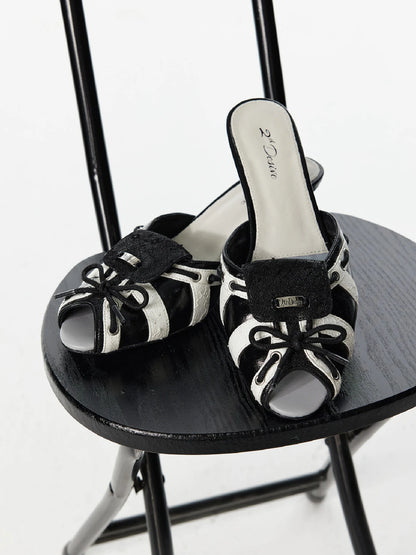 Low Heel Strappy Lace Peep Toe Color Block Sandals
