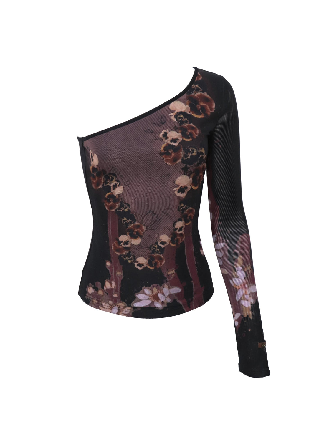 Flowers birds Market Cropped Mesh Knit Top Asymmetric Shoulder Print Design