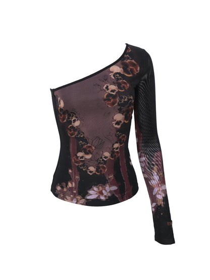Flowers birds Market Cropped Mesh Knit Top Asymmetric Shoulder Print Design