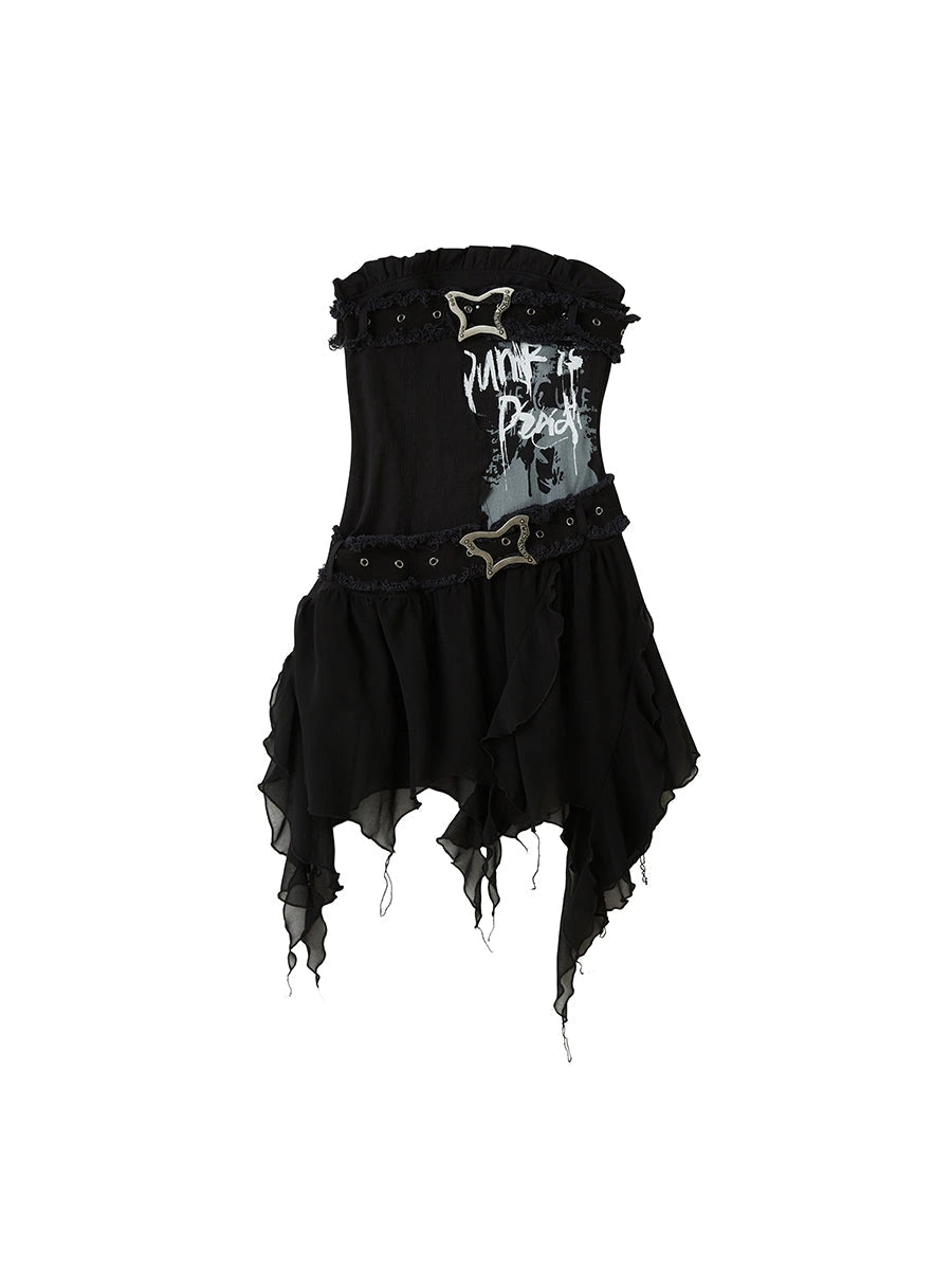 Punk Graffiti Bow Corset V-Neck T-Shirt Long-Sleeve Mini Dress
