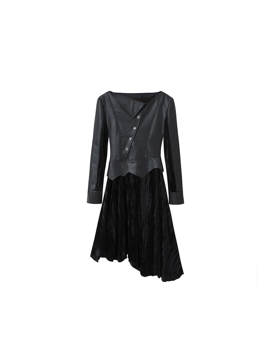 Vintage Dark Asymmetrical Leather Velvet Dress