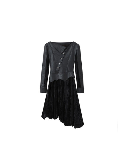 Vintage Dark Asymmetrical Leather Velvet Dress