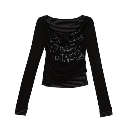 Update Cest Nous Graffiti Poetry Layered Collar Striped Knit Top