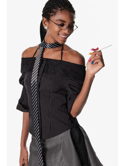 Off Shoulder Lace Trim Fitted Blouse With C Cut Back