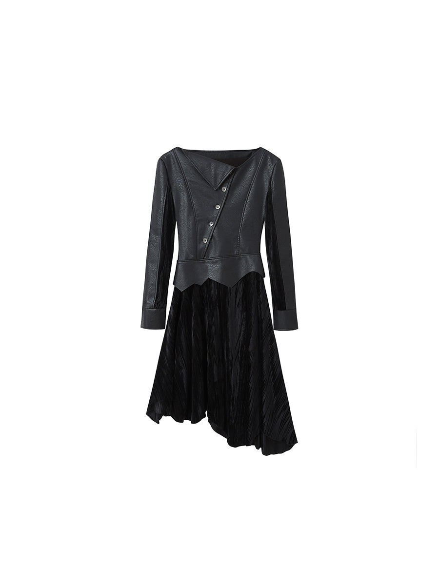 Cest Nous Vintage Dark Asymmetrical Leather Velvet Dress