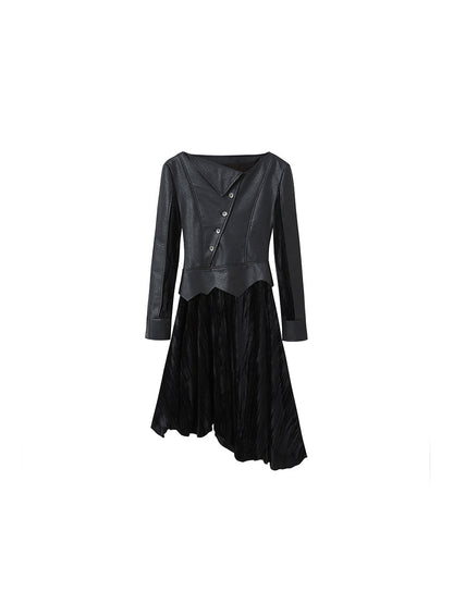 Cest Nous Vintage Dark Asymmetrical Leather Velvet Dress