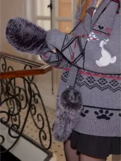 Fleece Lined Mittens with Neck Cord Fur Gloves for Women