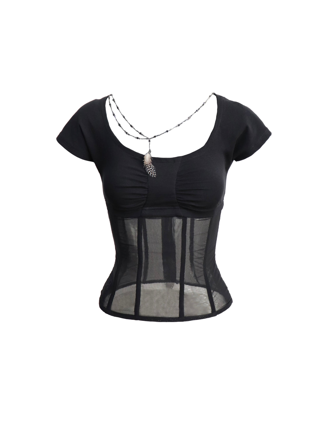 Flowers birds Market Mesh Panel Ribbed Knit Crop Top