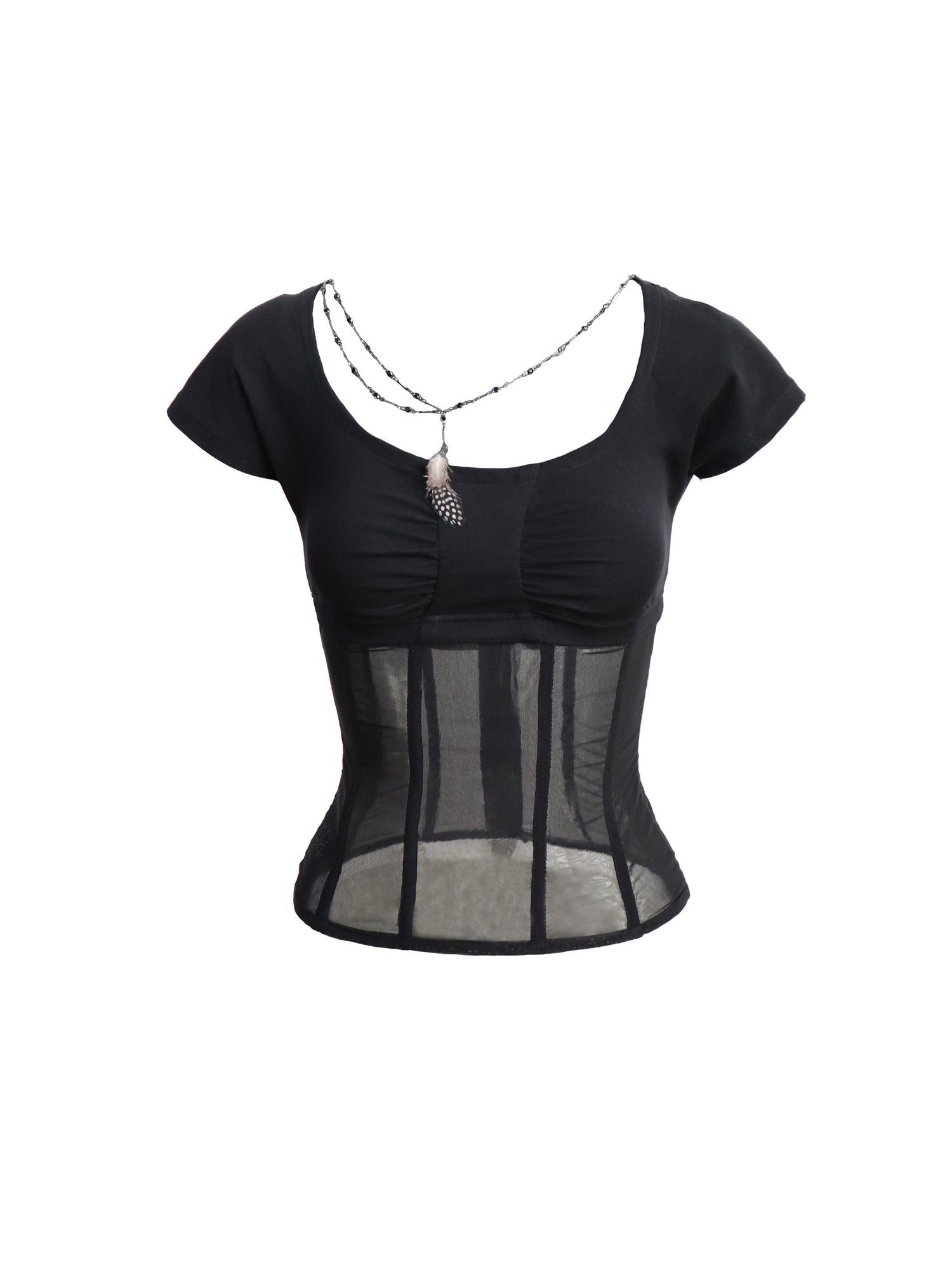 Flowers birds Market Mesh Panel Ribbed Knit Crop Top