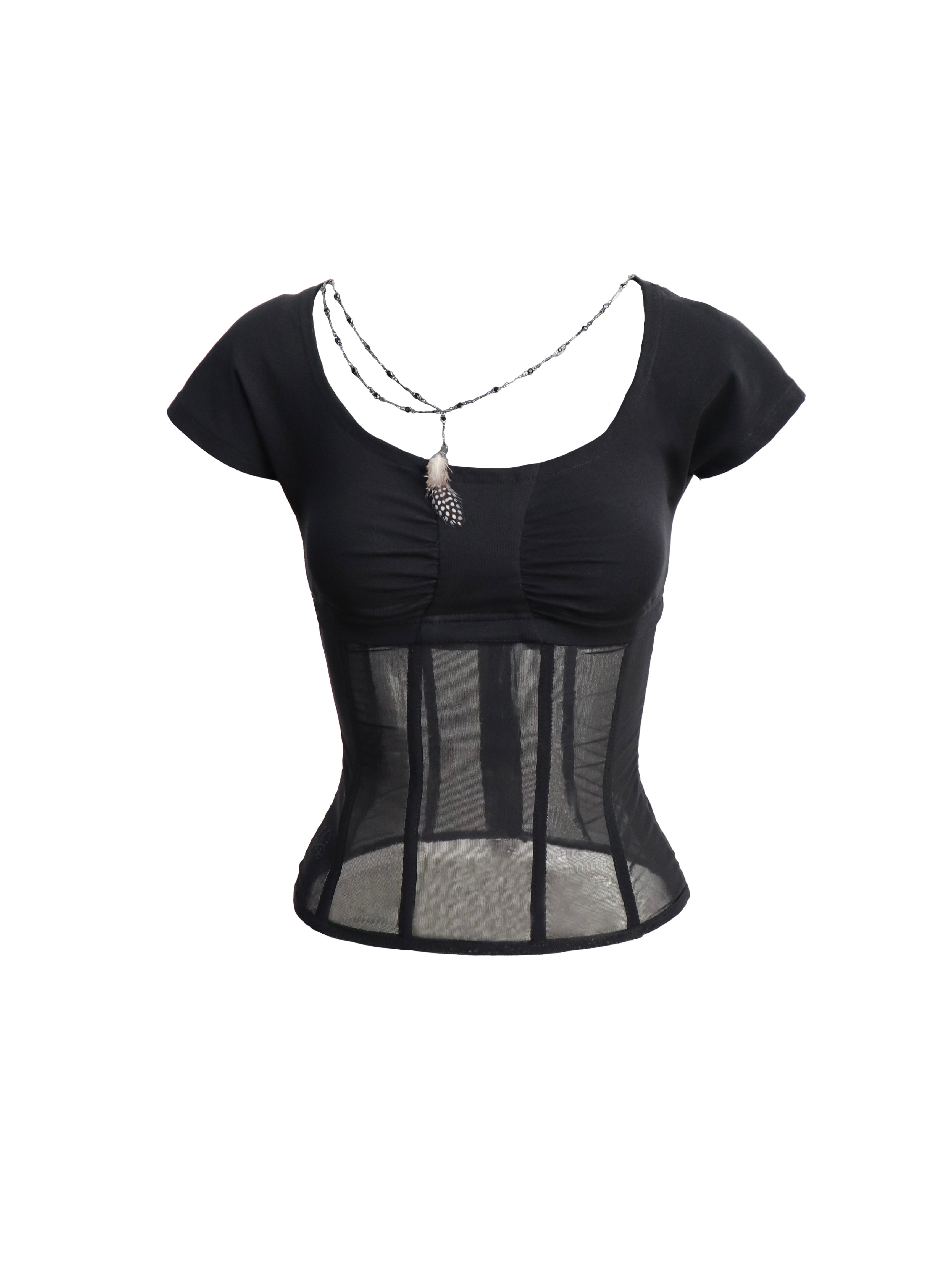 Flowers birds Market Mesh Panel Ribbed Knit Crop Top