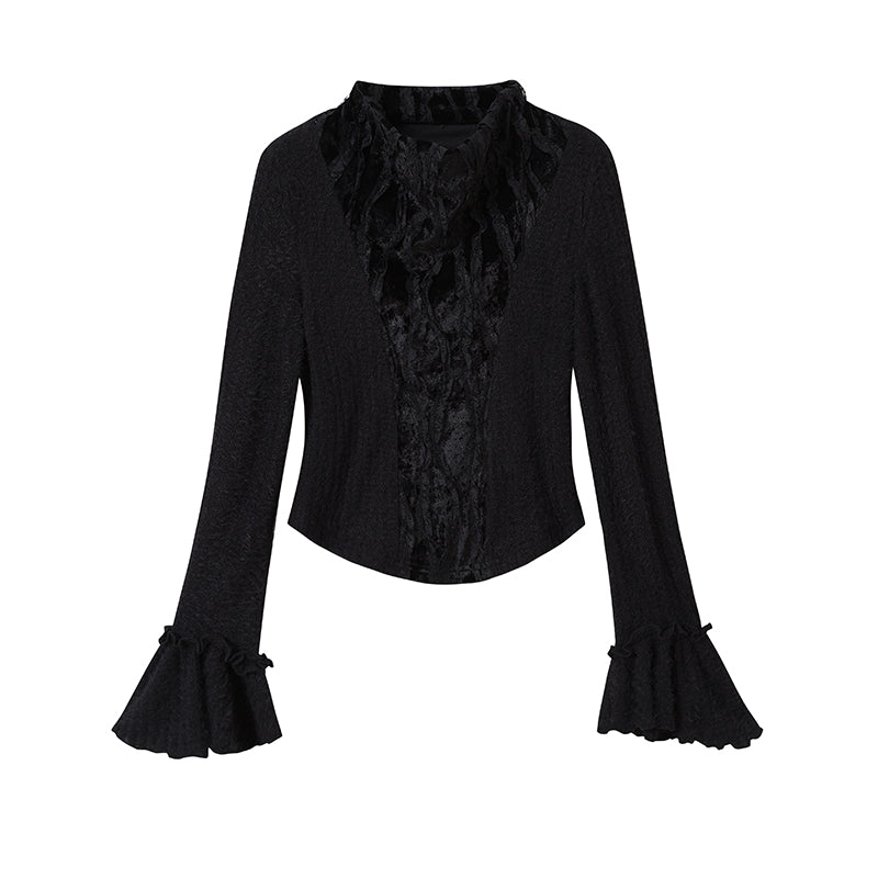 Cest Nous Velvet Lace Trim Embroidered Mock Neck Top