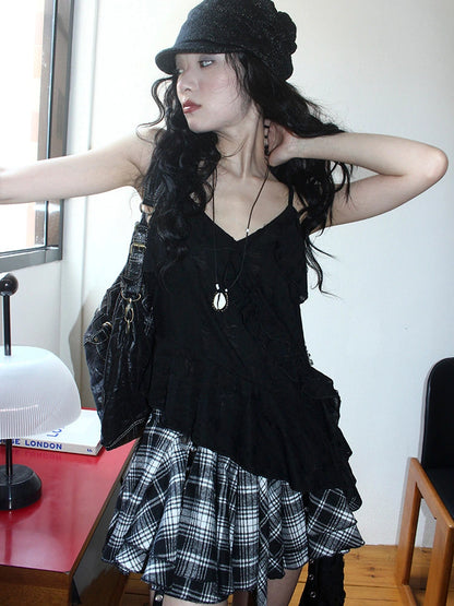 Distressed Asymmetrical Hem V-Neck Tank Top with Ruffle Straps