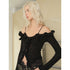 2th Desire Fluffy Luminous Knit Top With Lace Trim Off Shoulder Long Sleeve