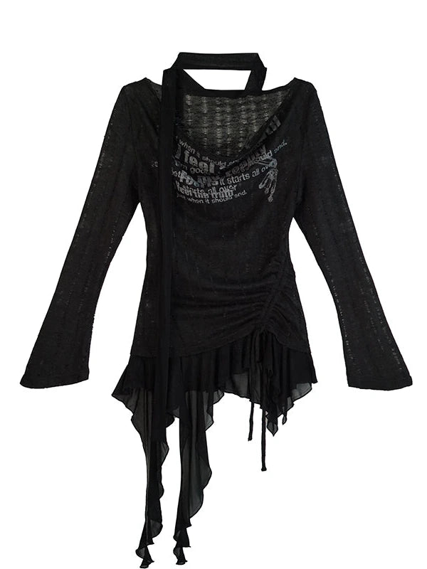 Graffiti Swing Collar Peplum Print Knit Top