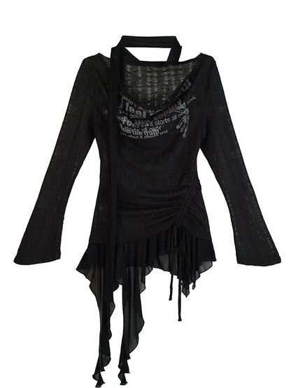 Graffiti Swing Collar Peplum Print Knit Top