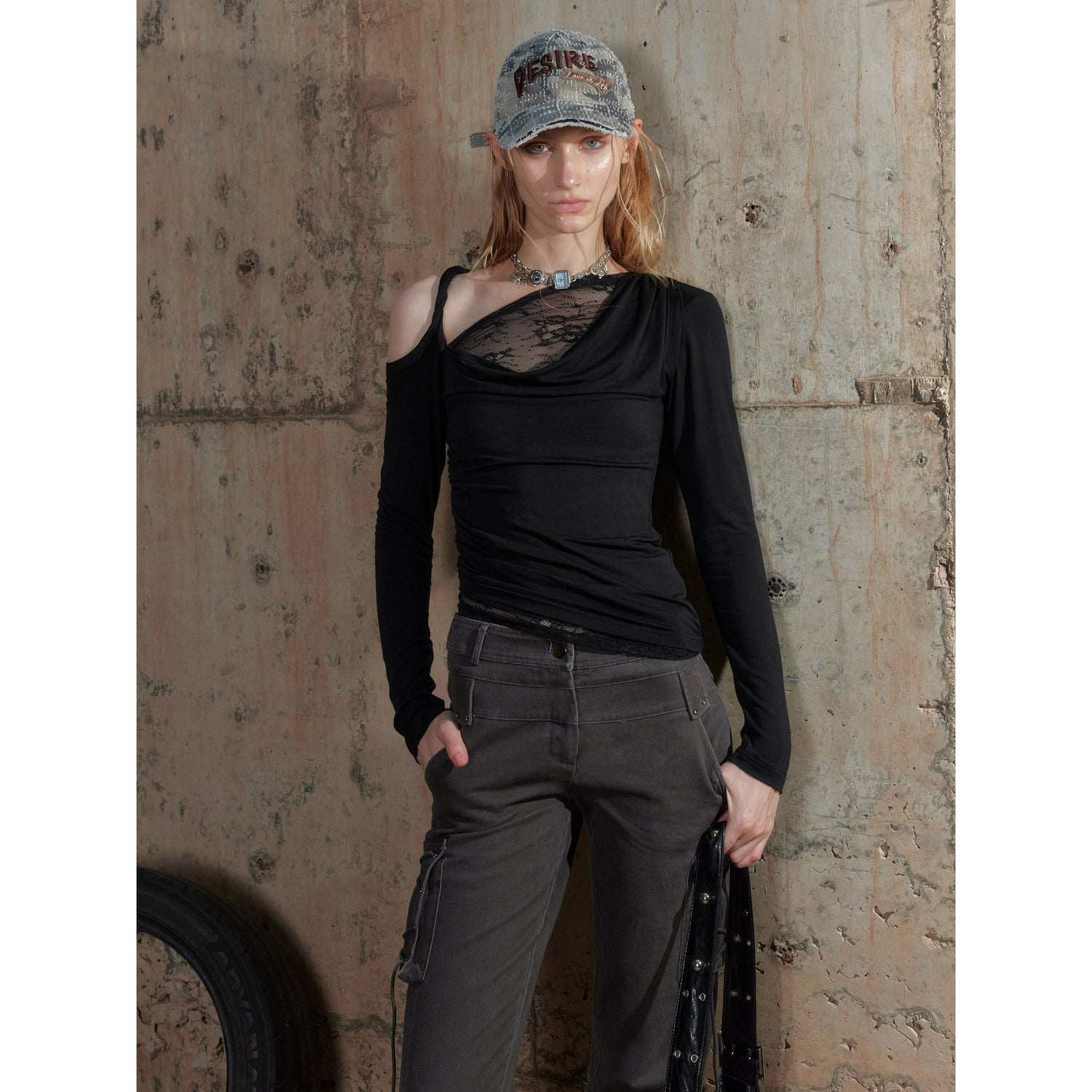 2th Desire Lace Trimmed Off Shoulder Long Sleeve Top