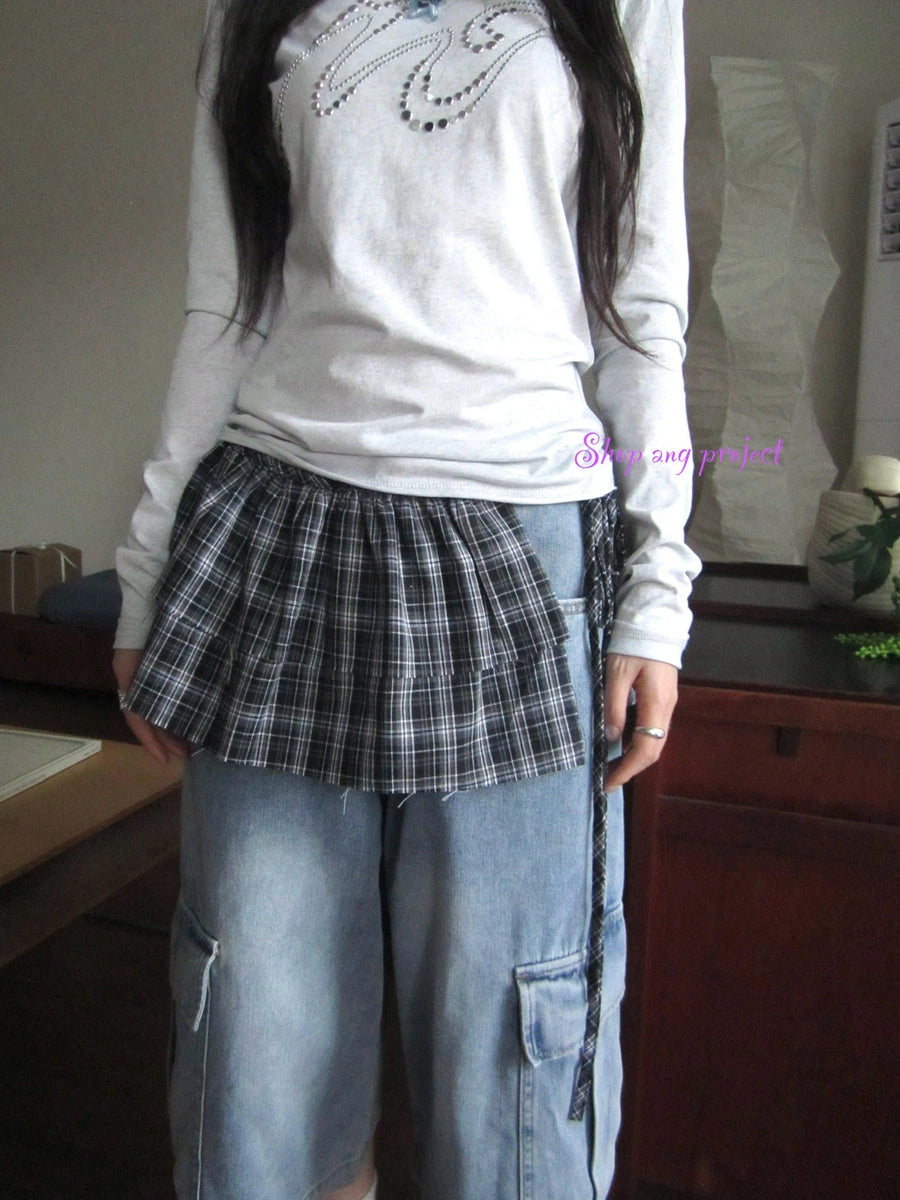 Vintage Layered Tear Edge Checkered Wrap Skirt