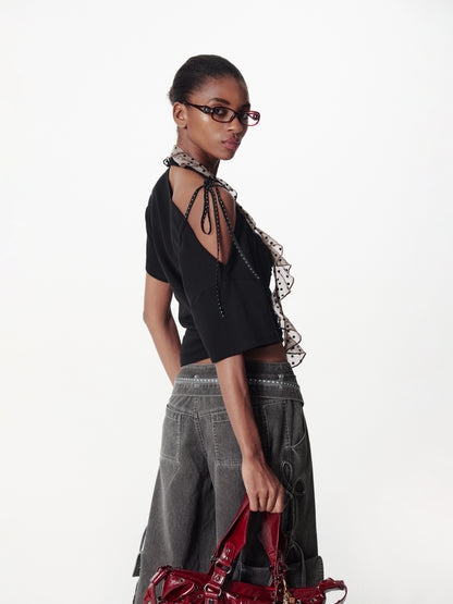 2th Desire Asymmetric Color Block Dot Tie Front Batwing Sleeve T Shirt
