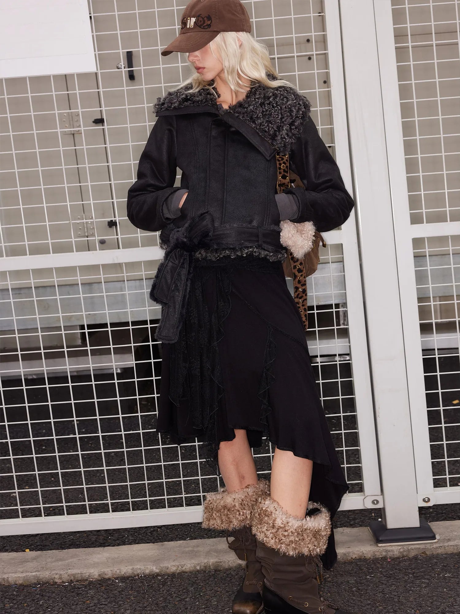 Wool Lace Tie Waist Asymmetric Knit Skirt