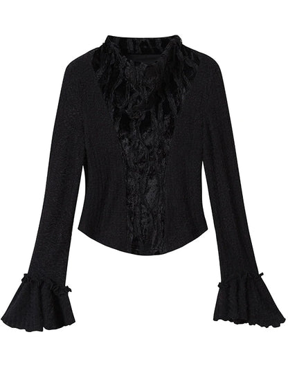 Velvet Lace Trim Embroidered Mock Neck Top