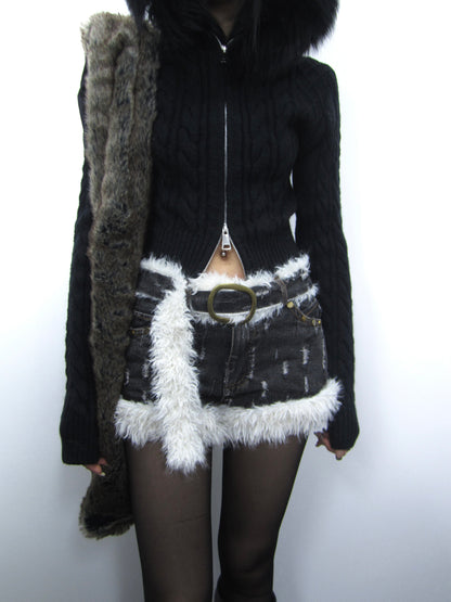 ang project Distressed Denim Shorts With Frayed Hem And Fur Trim