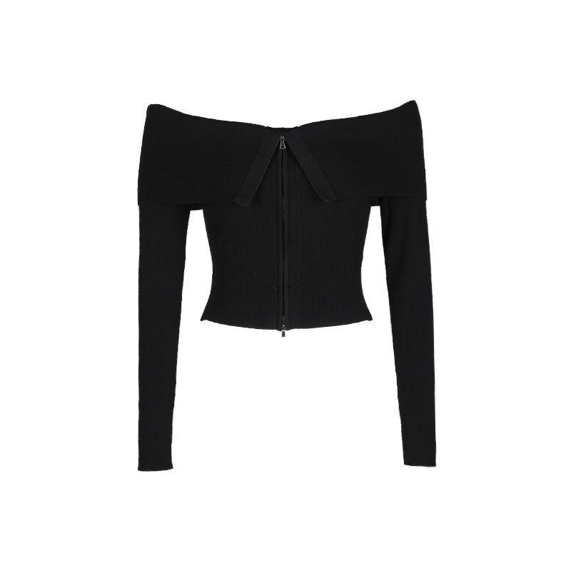 ALINNV STUDIO Double Zip Off Shoulder Ribbed Top