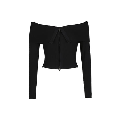 ALINNV STUDIO Double Zip Off Shoulder Ribbed Top