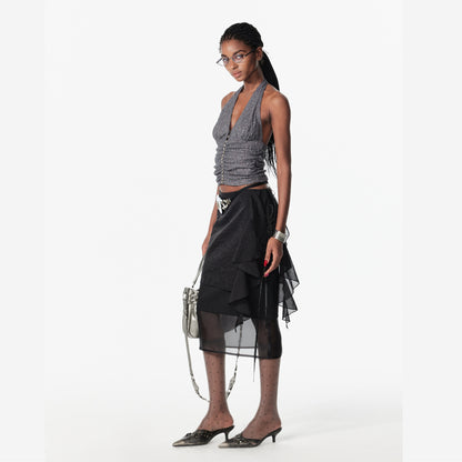 2th Desire Layered Sheer Mesh Skirt With Belt Detail Mini Dress