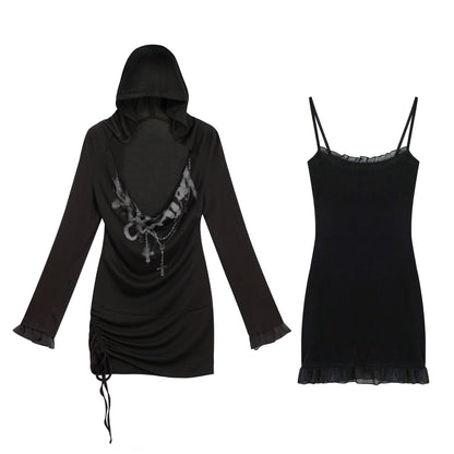 Update c Lace Up Hem Hooded Slip Dress With Punk Print