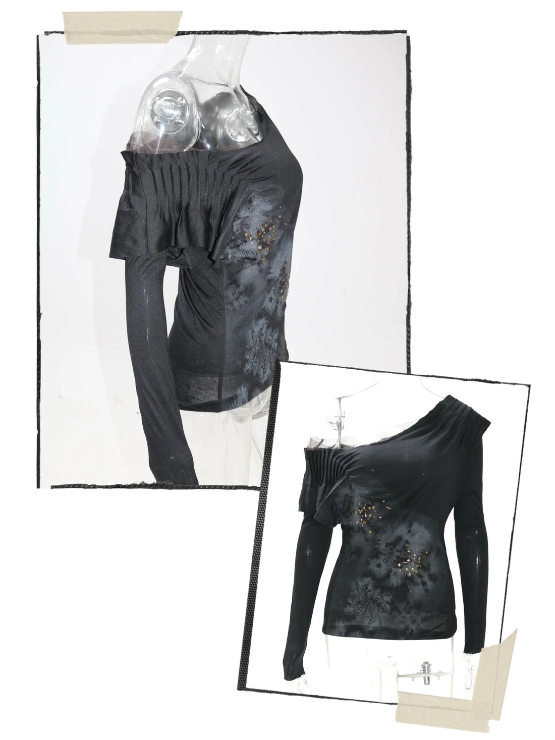 Vintage Metal Diamond Print Draped Neck V-neck T-shirt Long-Sleeve Top