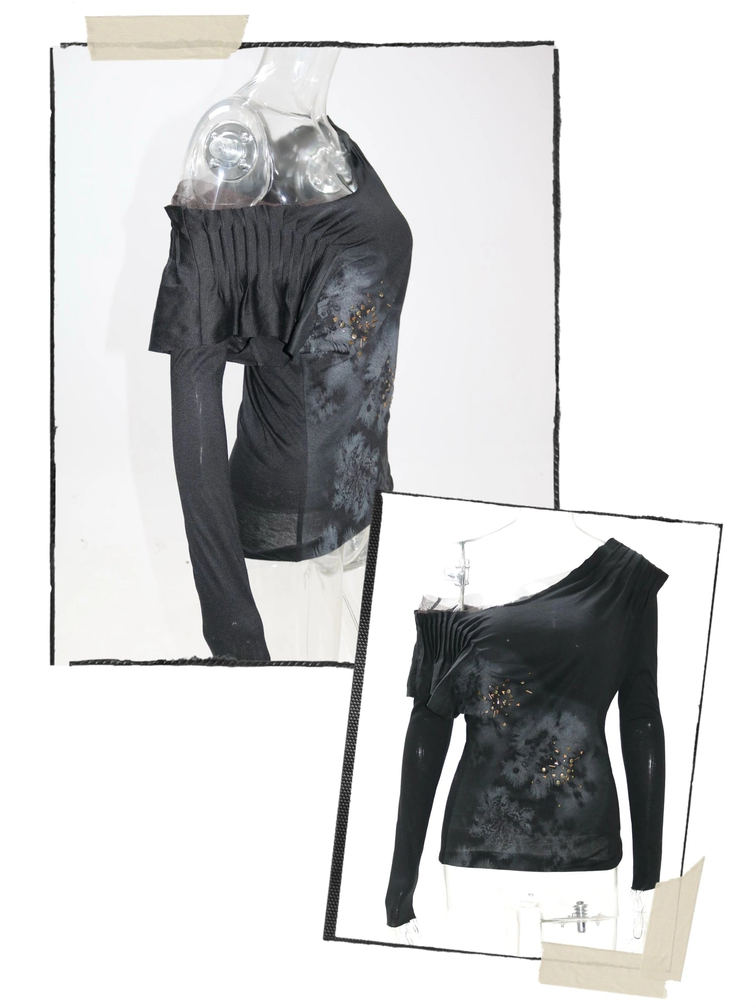 Vintage Metal Diamond Print Draped Neck V-neck T-shirt Long-Sleeve Top